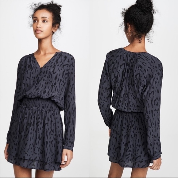 Rails Jasmine Long Sleeve Mini Dress Ash Gray Cheetah Leopard Print Smocked S - Picture 5 of 15